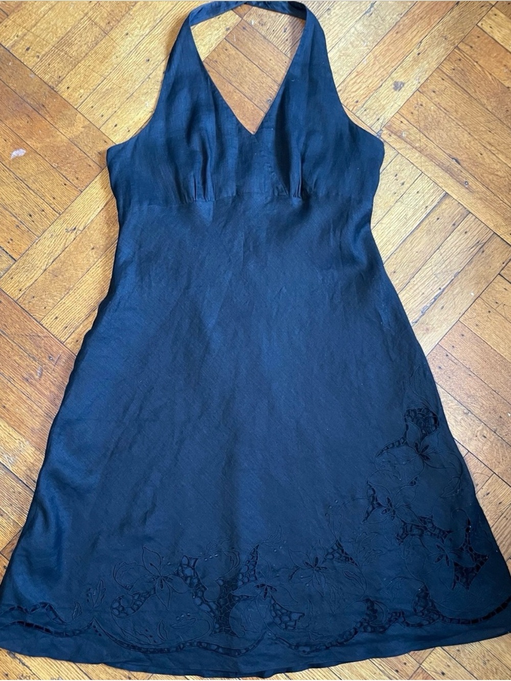 Ann Taylor 100% Linen Halter Dress Black Embroidered Cutwork A-Line Size 14